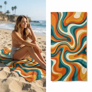 Retro wavy print microfiber beach towel quick dry lightweight bath towel for swim yoga