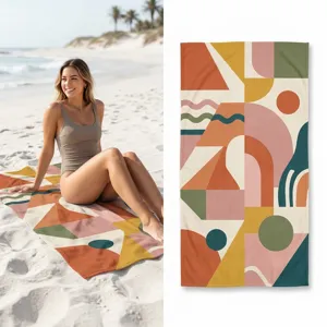 Retro geometric microfiber beach towel, quick-dry abstract print bath towel for travel.