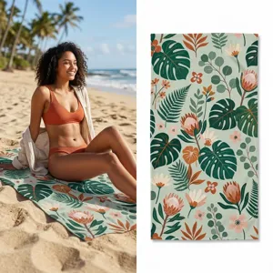 Microfiber beach towel with tropical botanical flower print for summer swimming and yoga.