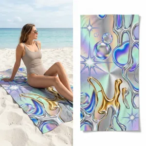 Microfiber quick-drying beach towel featuring a trendy holographic liquid metal abstract pattern.