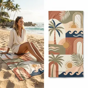 Microfiber printed beach towel quick dry abstract retro palm sun wave design for summer travel.