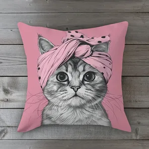 Nahaufnahme Detail des süßen rosa Katzenmuster Kissenbezugs, weiche Textur für die Heimdeko.