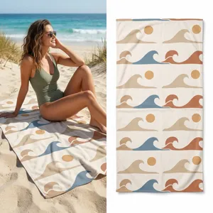 Boho wave and sun print beach towel, quick drying microfiber bath towel for summer travel swim.