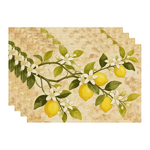 Lemon pattern fabric placemat detail, vintage botanical design for dining table decor.