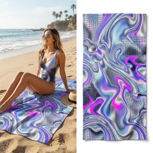 Close-up scene of a quick-dry beach towel with abstract holographic liquid metal print.