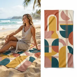 Geometric pattern beach towel detail shot, quick-dry fabric, abstract art print for summer.