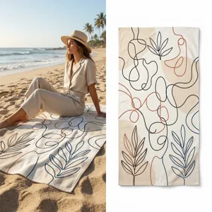 Abstract line art beach towel detail view, showing soft texture and modern botanical print.