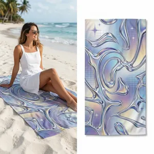 Y2K holographic liquid metal beach towel, quick-drying absorbent travel bath towel for pool yoga.