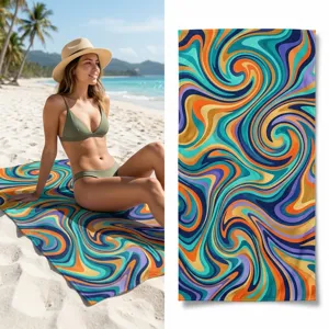 Detailed view of colorful psychedelic swirl beach towel, quick-dry lightweight fabric design.