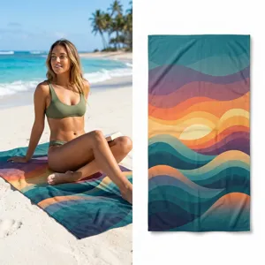 Detailed view of the retro wave beach towel showcasing vibrant sunset gradient colors.