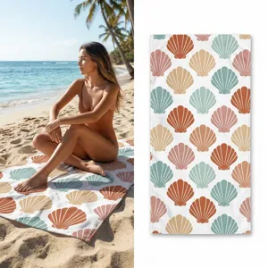 Boho seashell print beach towel, soft quick-drying bath towel for summer swim outdoor travel.