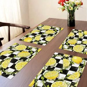 Summer lemon placemat linen table mat black white check dining room decor tableware pad