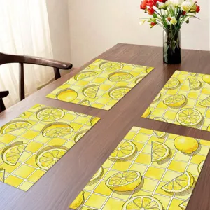Summer lemon placemat fabric table mat set detail view featuring a bright yellow grid.