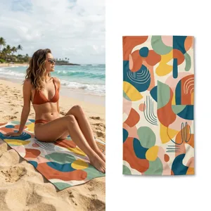 Detailed view of abstract geometric beach towel in lifestyle beach setting and flat lay mockup.