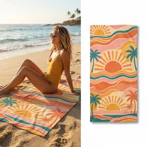 Detailed shot of retro sunset and palm tree pattern on quick-dry beach towel texture.