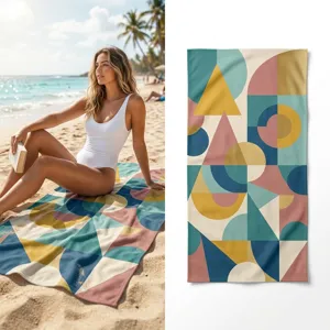 Detailed view of abstract geometric beach towel in use and flat lay, quick-drying fabric.