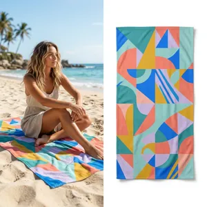 Detailed view of abstract geometric beach towel, colorful quick-dry fabric for outdoor fun.
