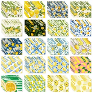 Summer lemon print placemats set, durable fabric table mats for dining room home decor.