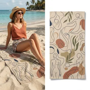 Detailed view of abstract line art beach towel featuring modern body and plant prints.