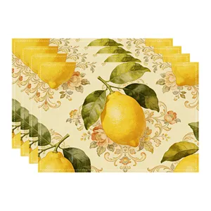 Set of 4 vintage botanical lemon placemats, rustic floral linen fabric table mats for dining.