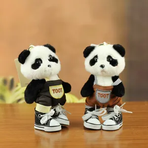 Cute panda plush toy keychain with overalls and mini canvas shoes, detailed cute doll decoration.