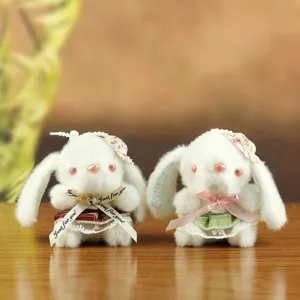 Cute Lolita plush bunny bag charm with lace dress and bow, sweet fluffy stuffed toy pendant.