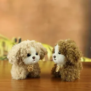 Cute fluffy puppy plush toy keychain pair, soft stuffed animal pendant for kids and gifts.