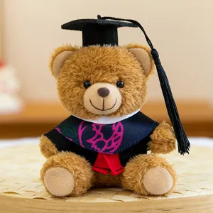Détail de la peluche ours en peluche de graduation avec chapeau de diplômé et jolie toge noire.