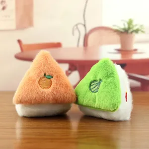 Detailed view of cute fruit plush pendant showing soft triangular bread and fine embroidery.