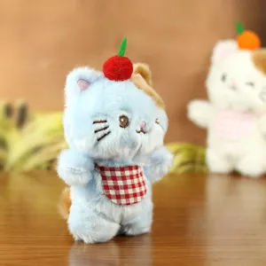 Cute plush cat toy keychain, soft blue stuffed animal with cherry decor, lovely bag charm gift.