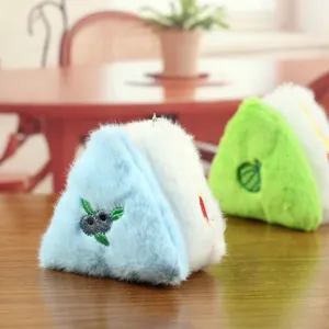 Cute triangle bread plush keychain with fruit embroidery, soft hanging bag pendant toy.