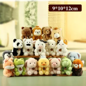 Detailed view of cute plush animal keychains assortment displayed on wooden tiers.