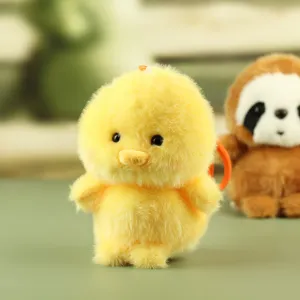 Cute fluffy yellow chick plush toy detail, soft bag charm keychain accessory for cute style.