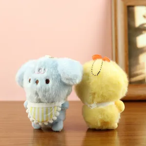 Cute plush bear and chick toys with striped bib and hanging chain. Perfect gift accessory.