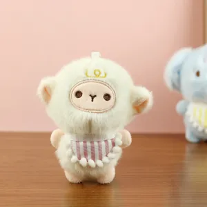 Cute plush sheep doll pendant with striped bib, soft toy keychain for bags and gifts.