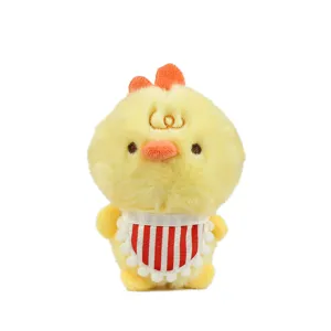 Cute yellow chick plush toy with striped bib, soft stuffed animal doll for kids gift.