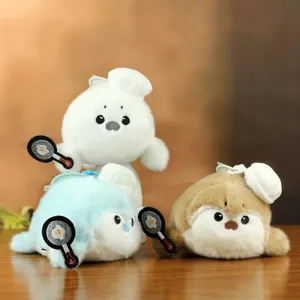 Cute Mini Chef Sea Otter Plush Toy Keychain Soft Seal Animal Bag Charm Pendant With Pan Embroidery For Backpack Keys Decoration