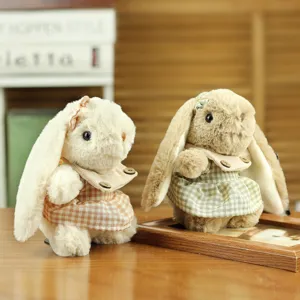 Cute plush rabbit toy with checkered dress long ears stuffed animal gift for kids and girls