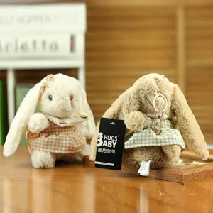 Cute plush rabbit keychain doll with plaid dress, soft stuffed long ear bunny toy pendant.