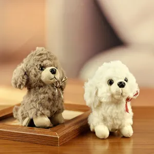 Cute plush teddy dog toys, brown and white poodle doll pair with lovely bows for bag decoration.