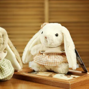 Cute plush rabbit toy with long ears and plaid dress, soft stuffed doll for kids and girls.