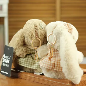 Cute plush rabbit keychain with plaid dress, soft long ear bunny doll pendant for girls birthday