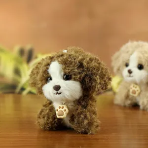 Cute fluffy plush puppy pendant detail, soft brown and white stuffed animal keychain.