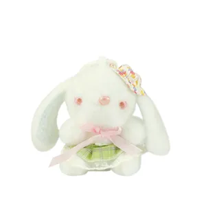Cute lolita rabbit plush pendant with hat and dress, soft stuffed animal bag charm for kids.