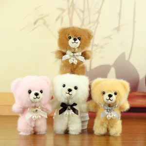 Cute Plush Teddy Bear Pendant Keychain With Bowknot Artificial Pearl Rhinestone Soft Animal Toy For Bags Charms Gift
