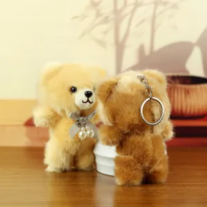 Cute plush bear keychain with grey bow and pearls, fluffy toy bag charm pendant accessory