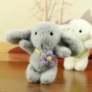 Cute fluffy gray bunny plush pendant, soft stuffed animal keychain and bag charm accessory.