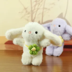 Cute white bunny plush toy pendant, fluffy faux rabbit fur, sweet green crocheted flower accent.