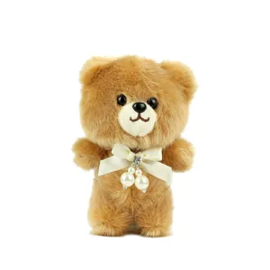 Cute Brown Plush Teddy Bear Bag Charm Keychain Soft Stuffed Animal Toy with Pearl Bowknot