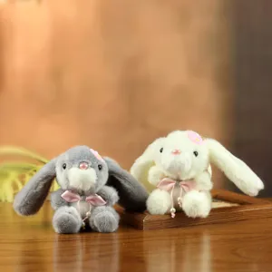 Adorable par de colgantes de conejo de peluche con lazos rosas, llavero de juguete suave regalo